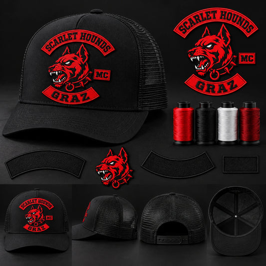 Black trucker hat with authorized motorcycle club artwork and design-intake materials.