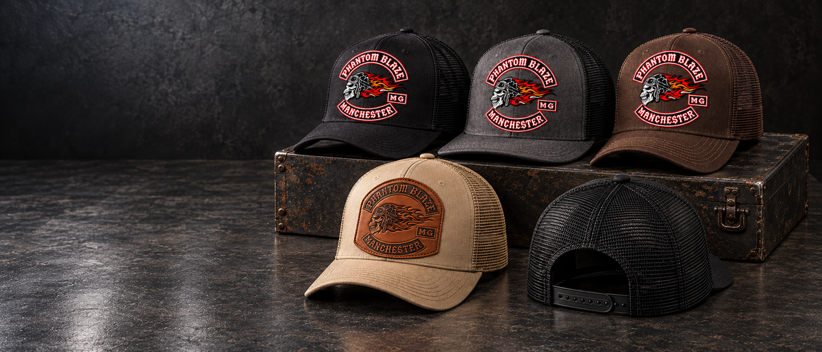 Ultra-wide custom motorcycle club trucker hats hero with five complete hats and approved club logo.