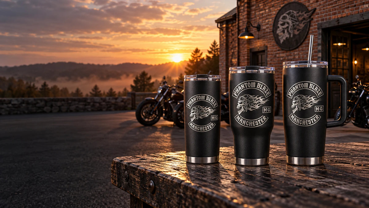 Custom motorcycle club tumblers displayed outside a clubhouse with V-twin motorcycles.