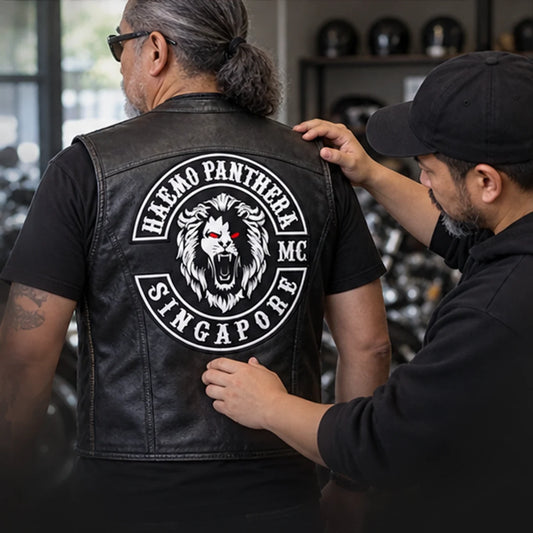 Custom club vests, jackets and apparel with an authorized motorcycle club logo shown during sample approval