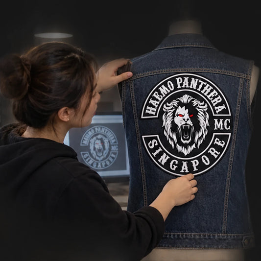 Custom club vests, jackets and apparel with an authorized motorcycle club logo shown during custom design review