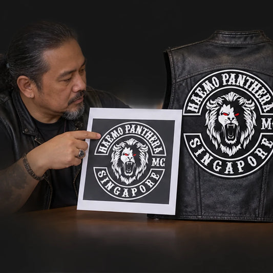 Custom club vests, jackets and apparel with an authorized motorcycle club logo shown while approved club artwork is submitted