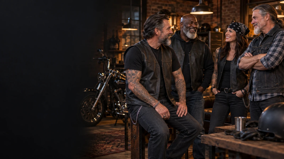 Motorcycle club riders wearing plain customizable vests and apparel
