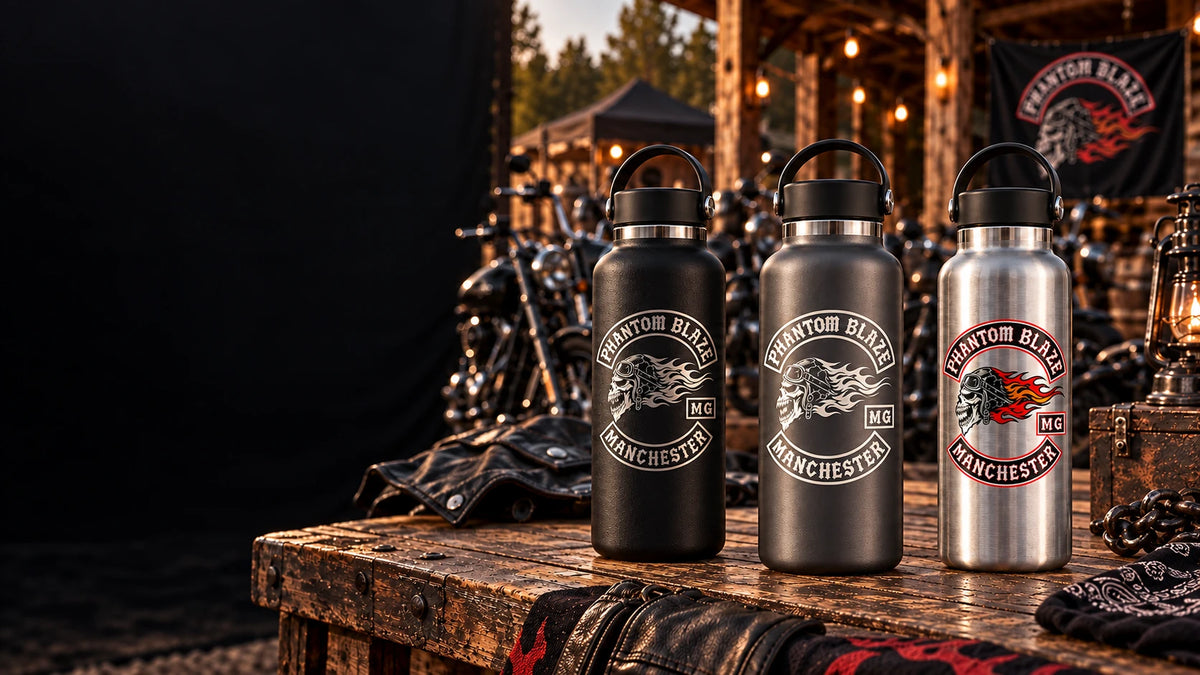 Three complete custom motorcycle club water bottles shown from carry handles to bases with varied decoration methods.