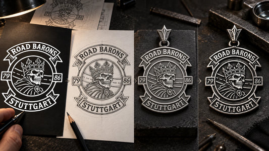 Road Barons motorcycle club artwork progressing through a custom zinc alloy pendant design process.