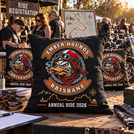 Annual motorcycle club ride cushion with custom club logo, event year and rally route artwork at a registration area.