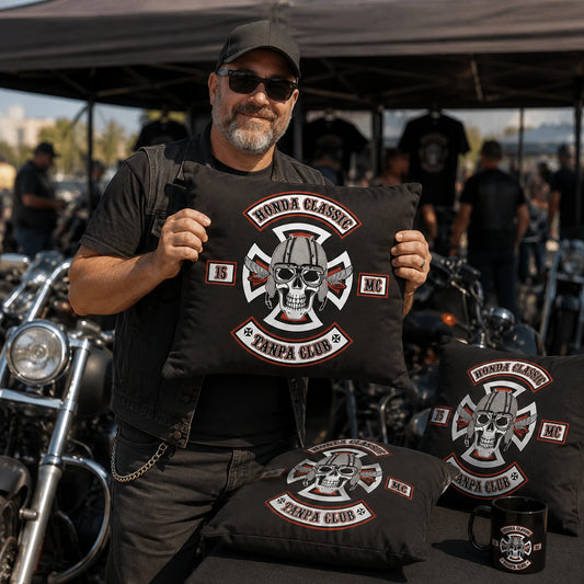 Custom motorcycle club cushion created for an annual rally merchandise collection.