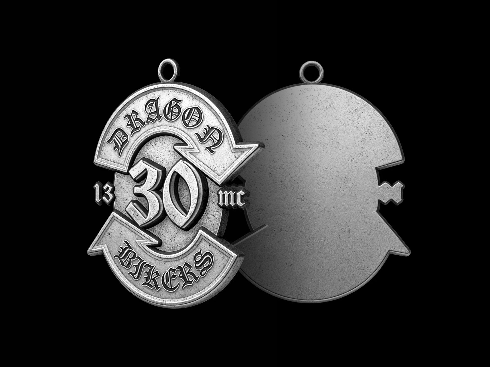 Custom number 30 road emblem motorcycle club pendant craftsmanship reference, back and front