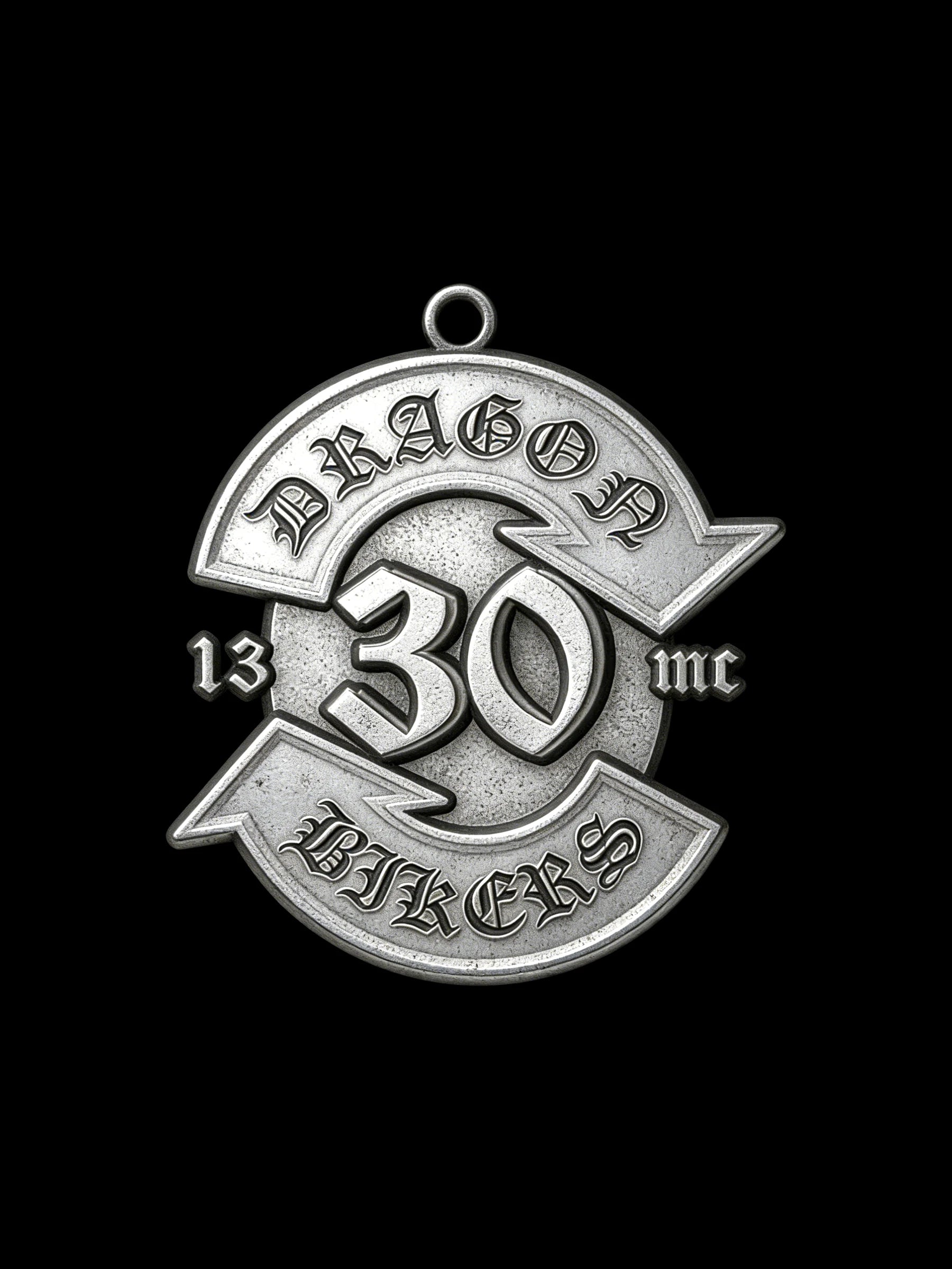 Custom number 30 road emblem motorcycle club pendant craftsmanship reference, front view