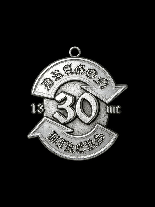 Custom number 30 road emblem motorcycle club pendant craftsmanship reference, front view