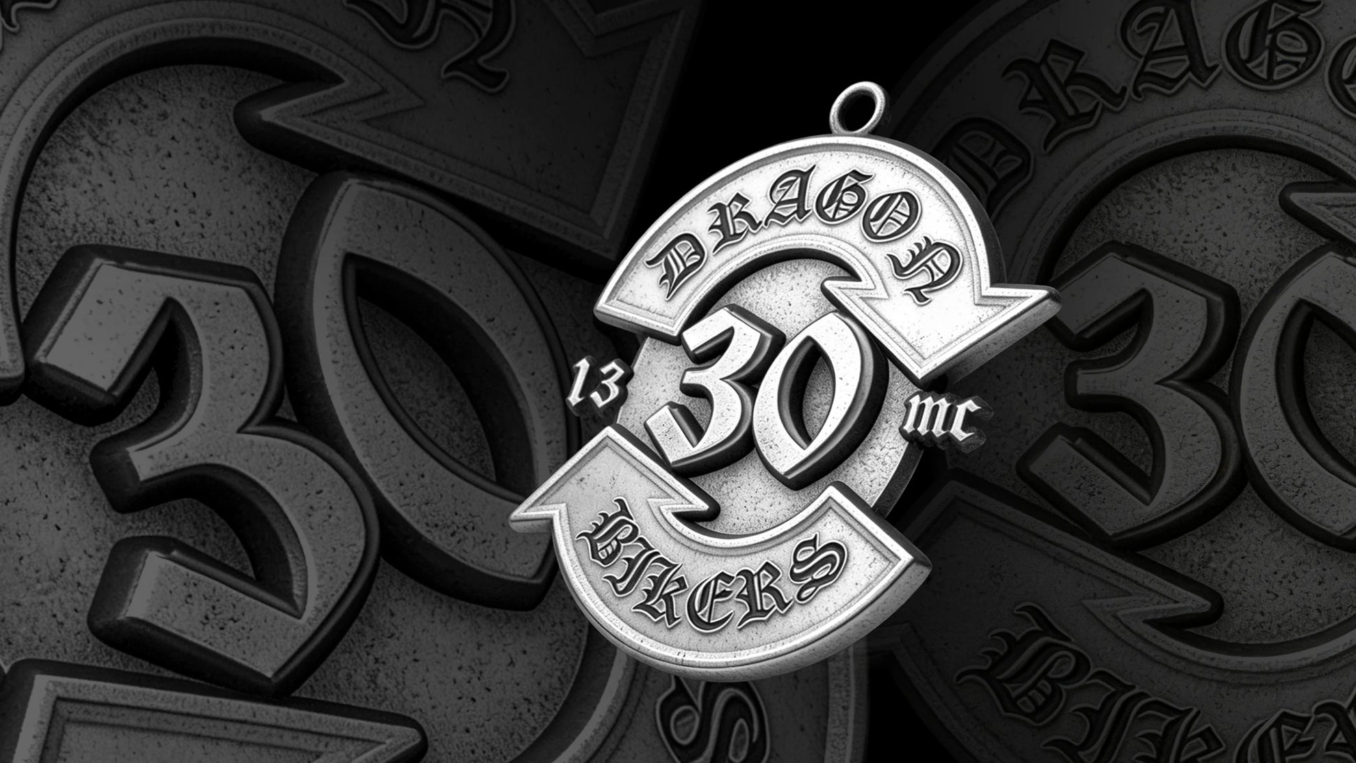 Custom number 30 road emblem motorcycle club pendant craftsmanship reference, gallery layout