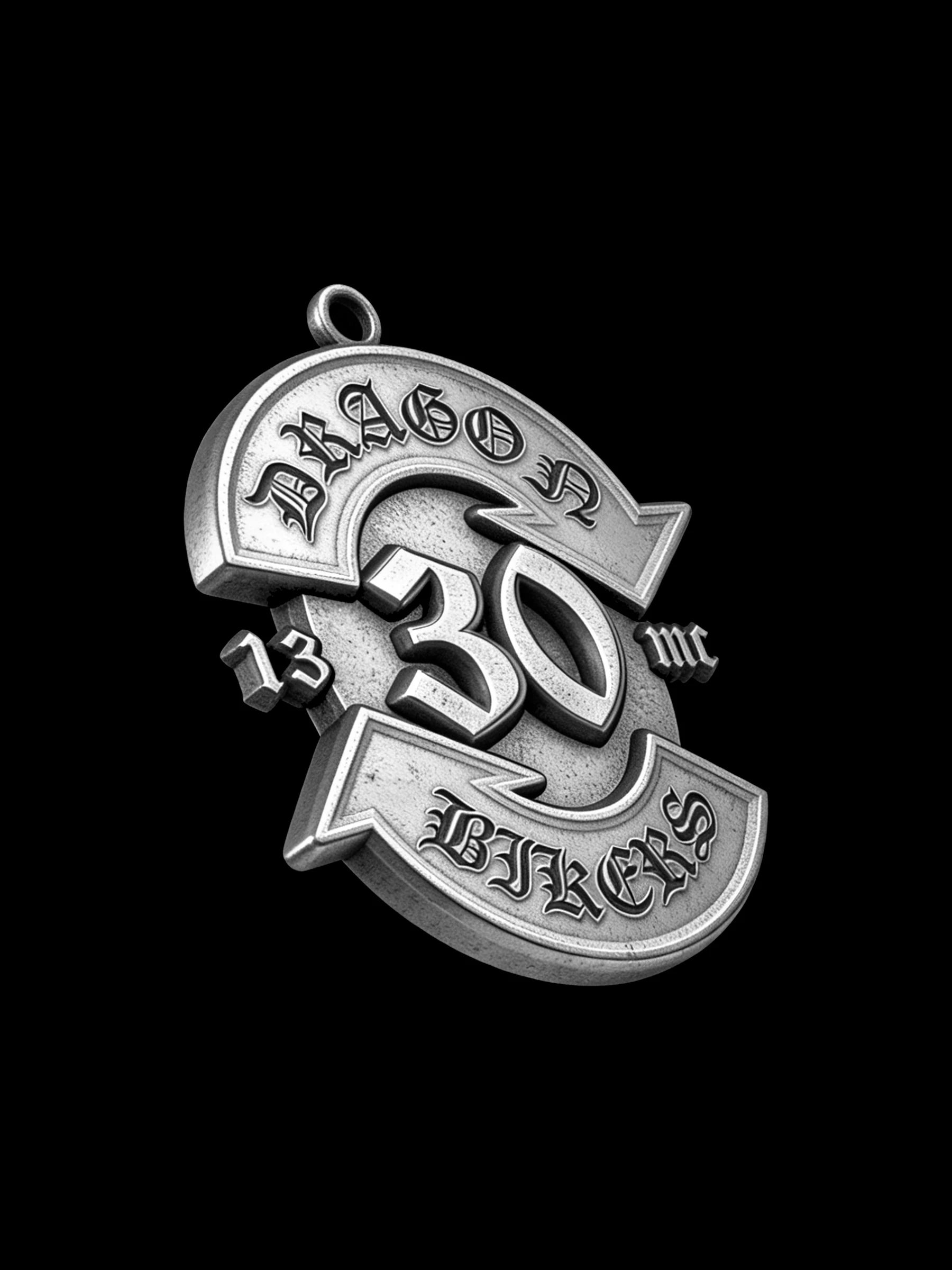 Custom number 30 road emblem motorcycle club pendant craftsmanship reference, left angle