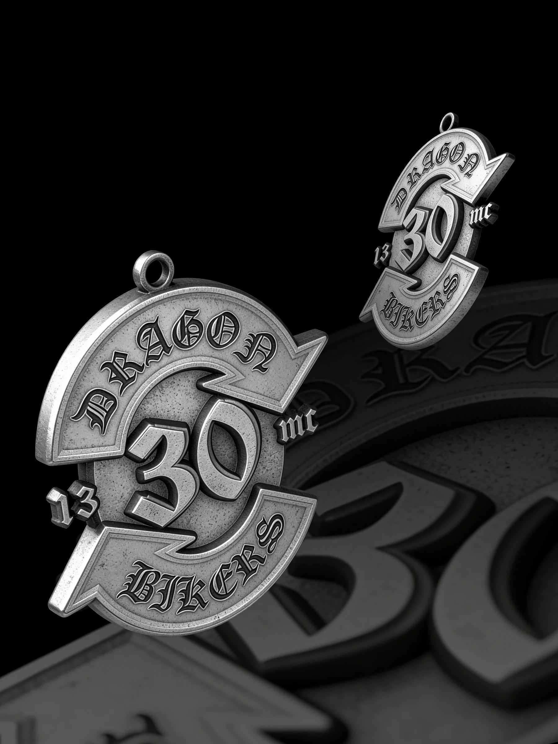 Custom number 30 road emblem motorcycle club pendant craftsmanship reference, paired display