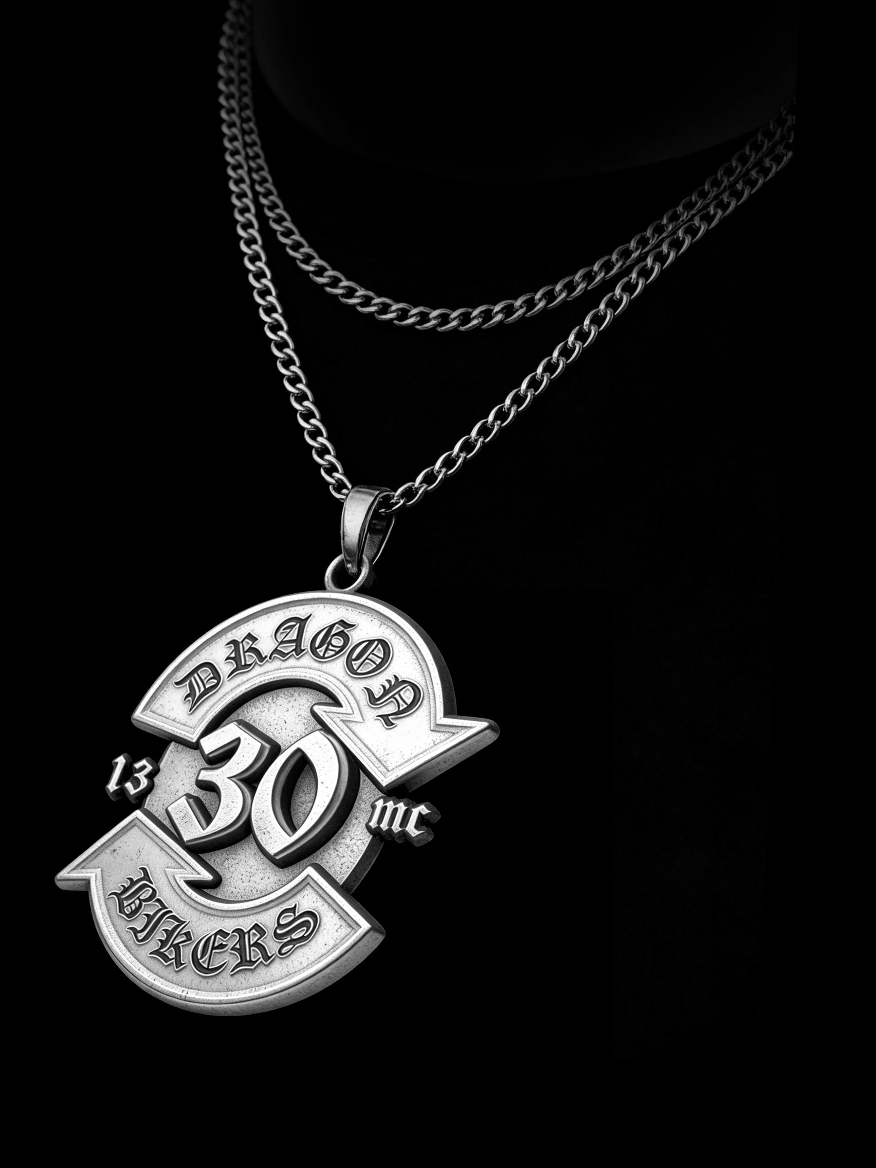 Custom number 30 road emblem motorcycle club pendant craftsmanship reference, raised relief detail