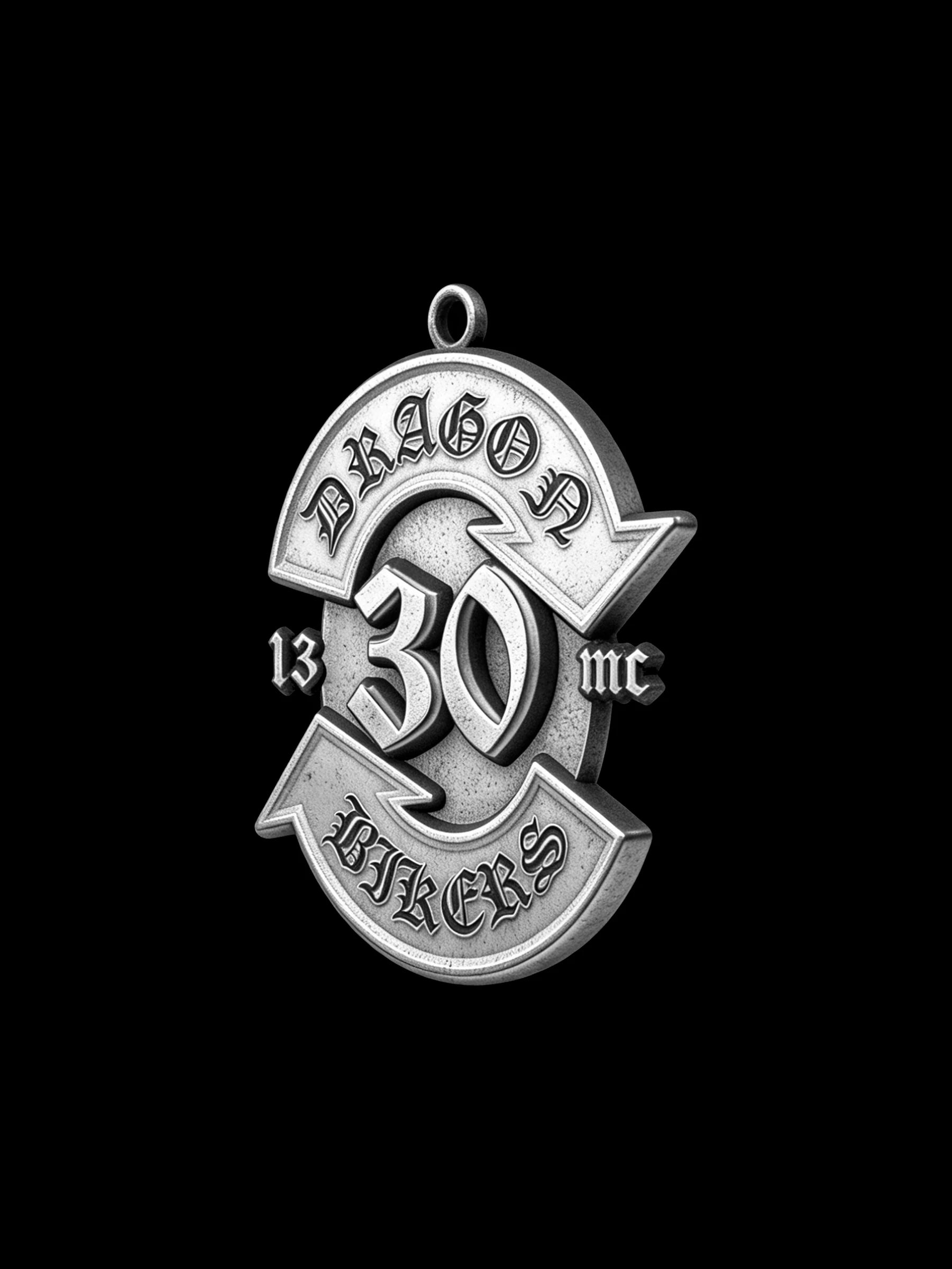 Custom number 30 road emblem motorcycle club pendant craftsmanship reference, right angle