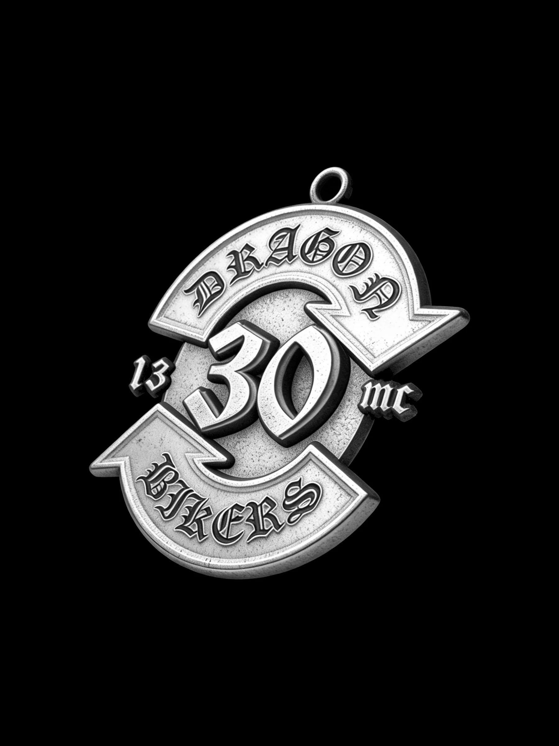 Custom number 30 road emblem motorcycle club pendant craftsmanship reference, side profile
