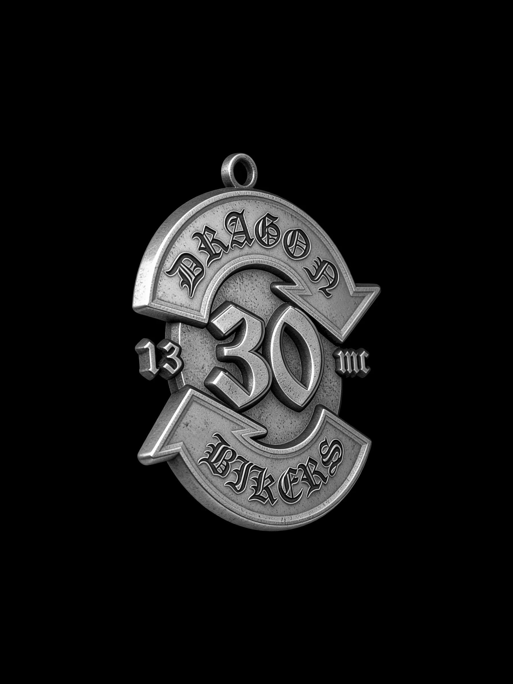 Custom number 30 road emblem motorcycle club pendant craftsmanship reference, three quarter view