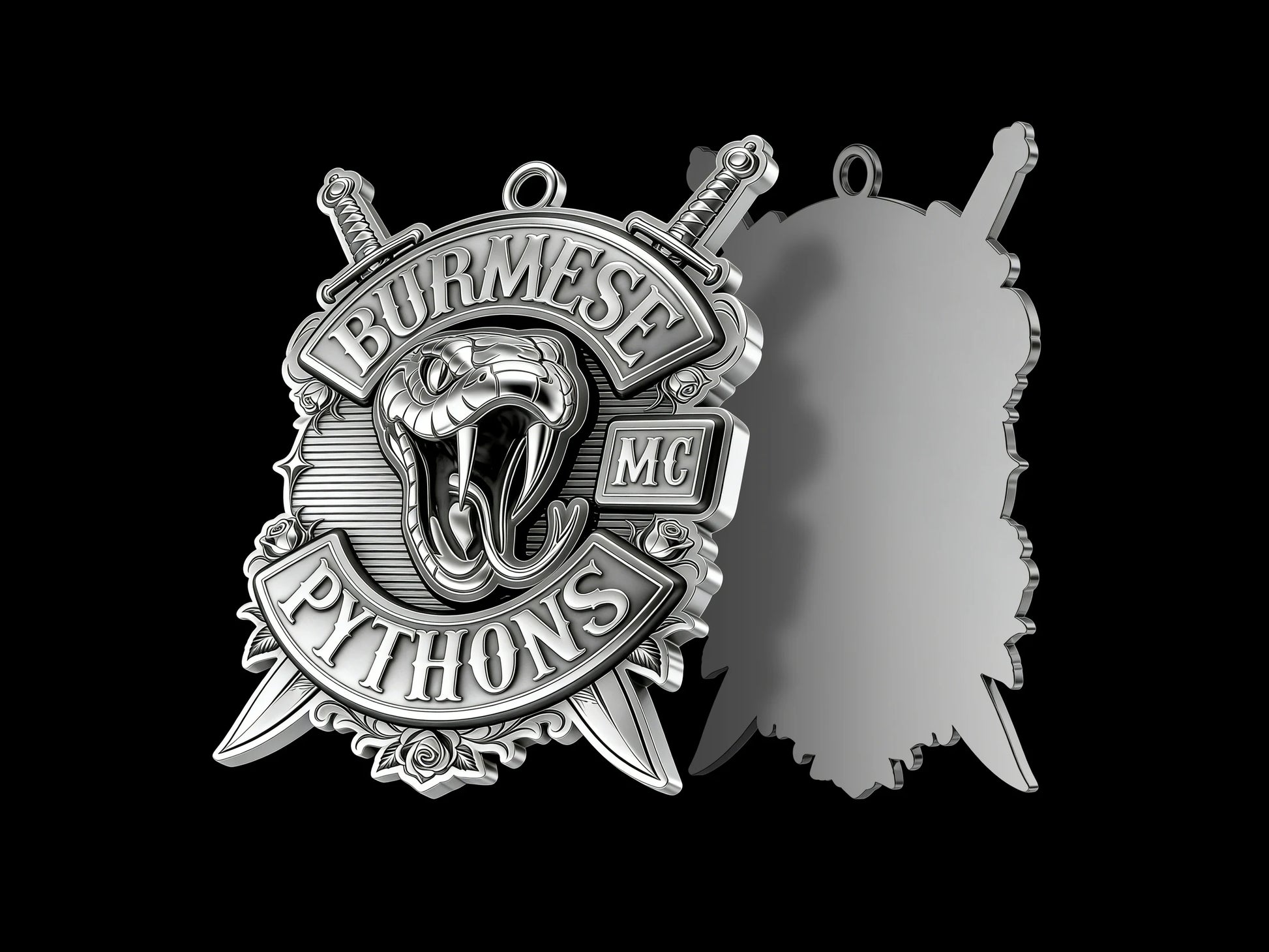 Custom open-mouth python motorcycle club pendant craftsmanship reference, back and front