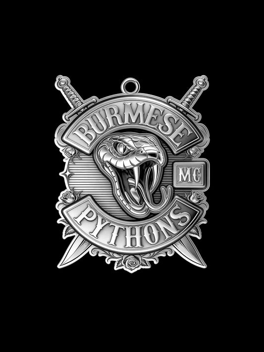 Custom open-mouth python motorcycle club pendant craftsmanship reference, front view