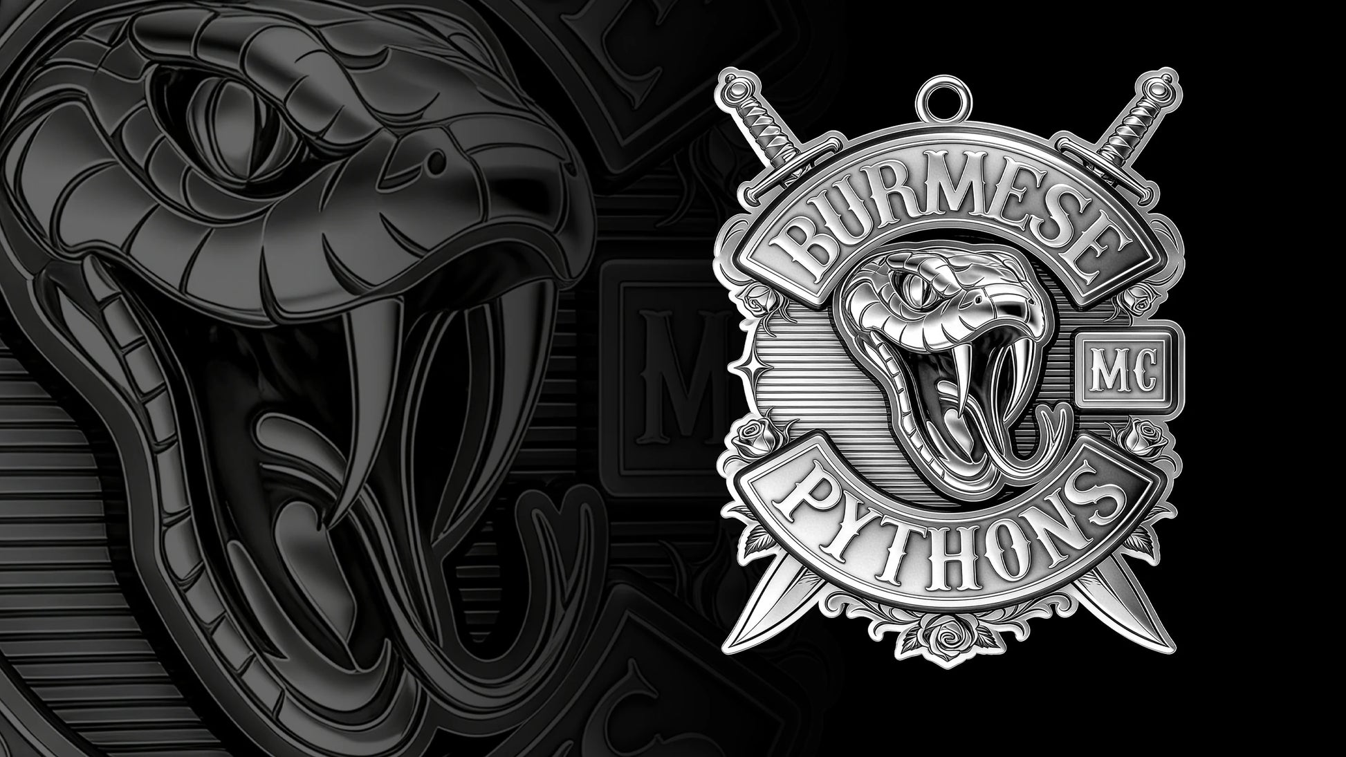 Custom open-mouth python motorcycle club pendant craftsmanship reference, gallery layout