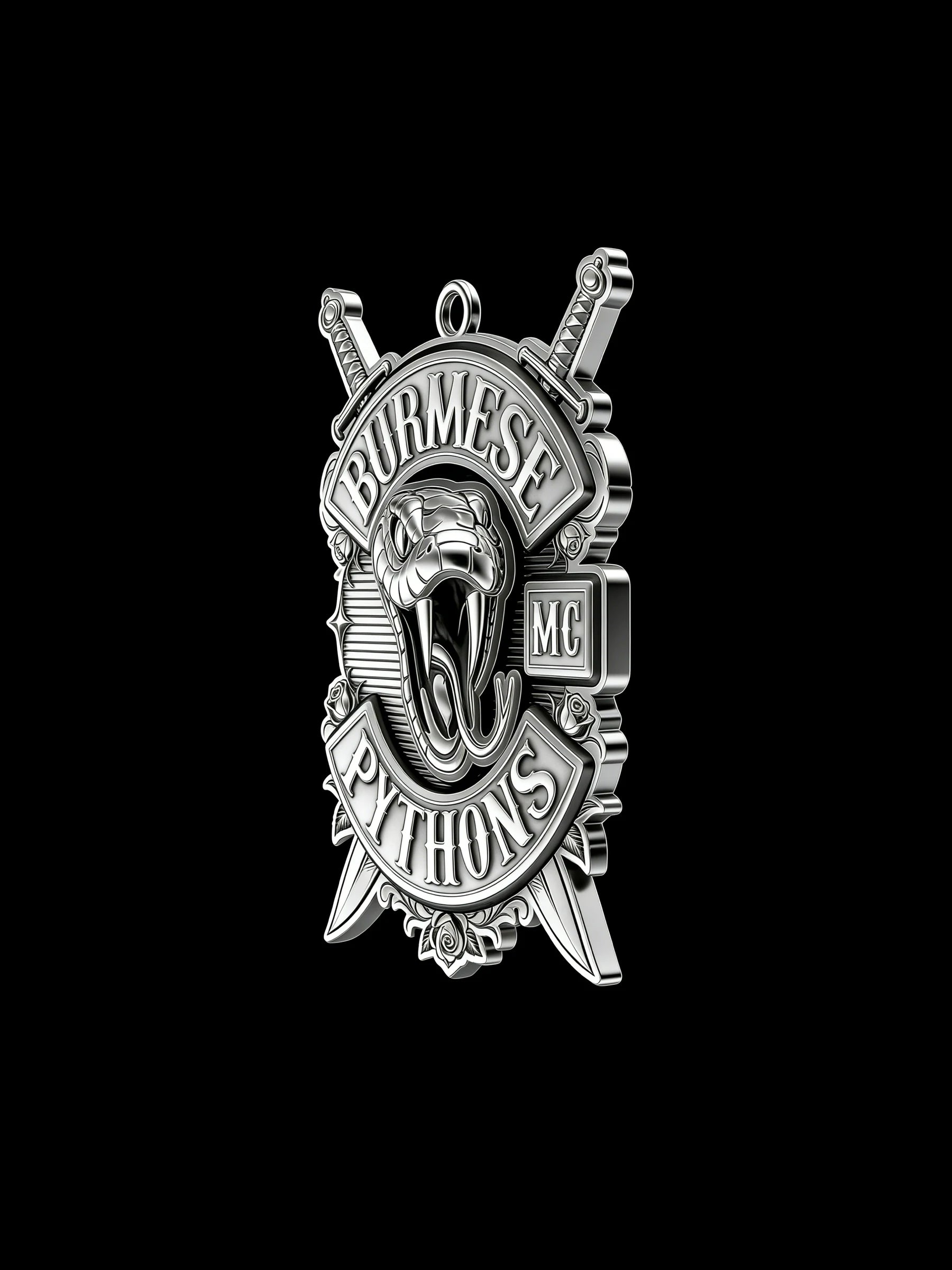 Custom open-mouth python motorcycle club pendant craftsmanship reference, left angle