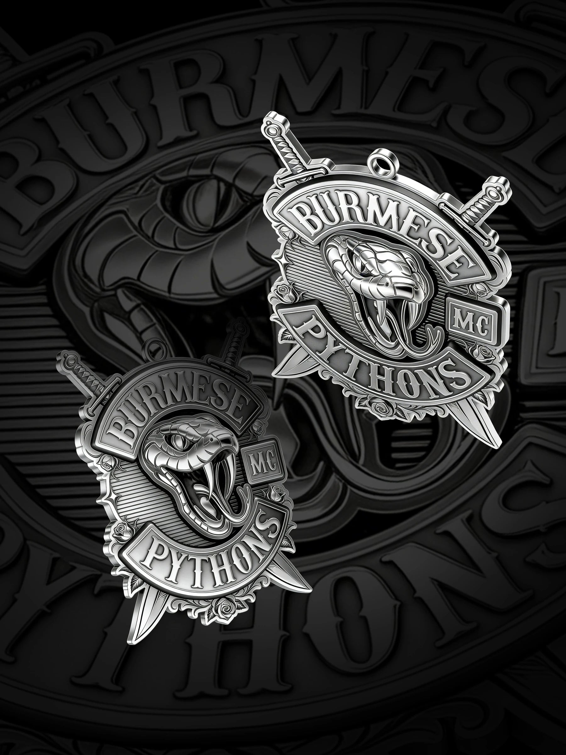 Custom open-mouth python motorcycle club pendant craftsmanship reference, paired display