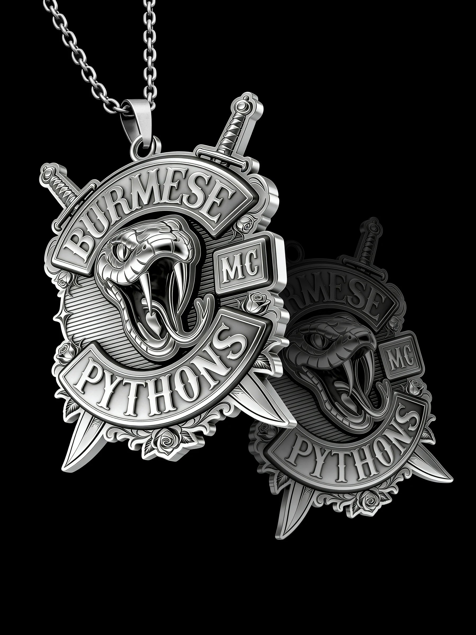 Custom open-mouth python motorcycle club pendant craftsmanship reference, raised relief detail