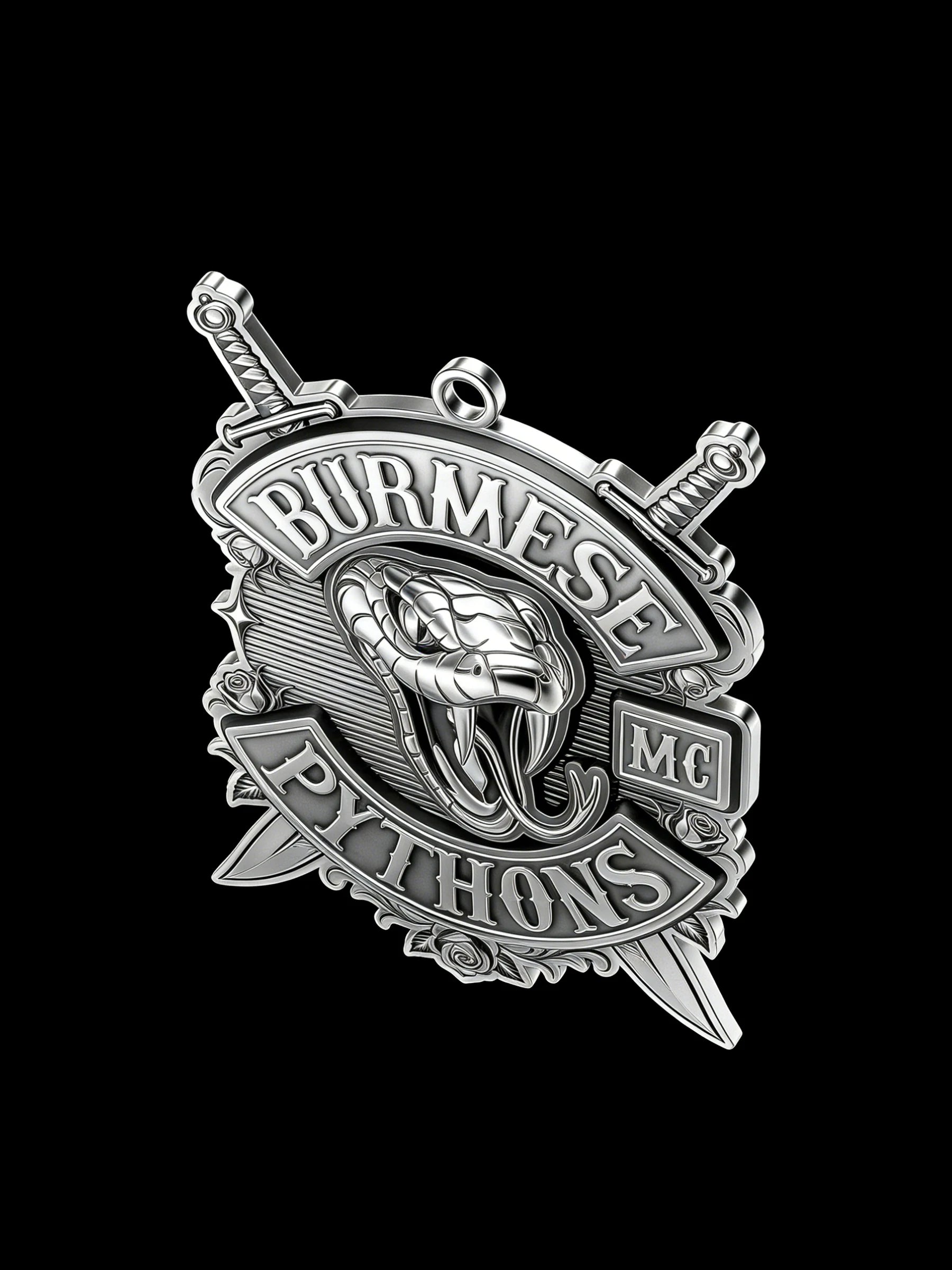 Custom open-mouth python motorcycle club pendant craftsmanship reference, right angle