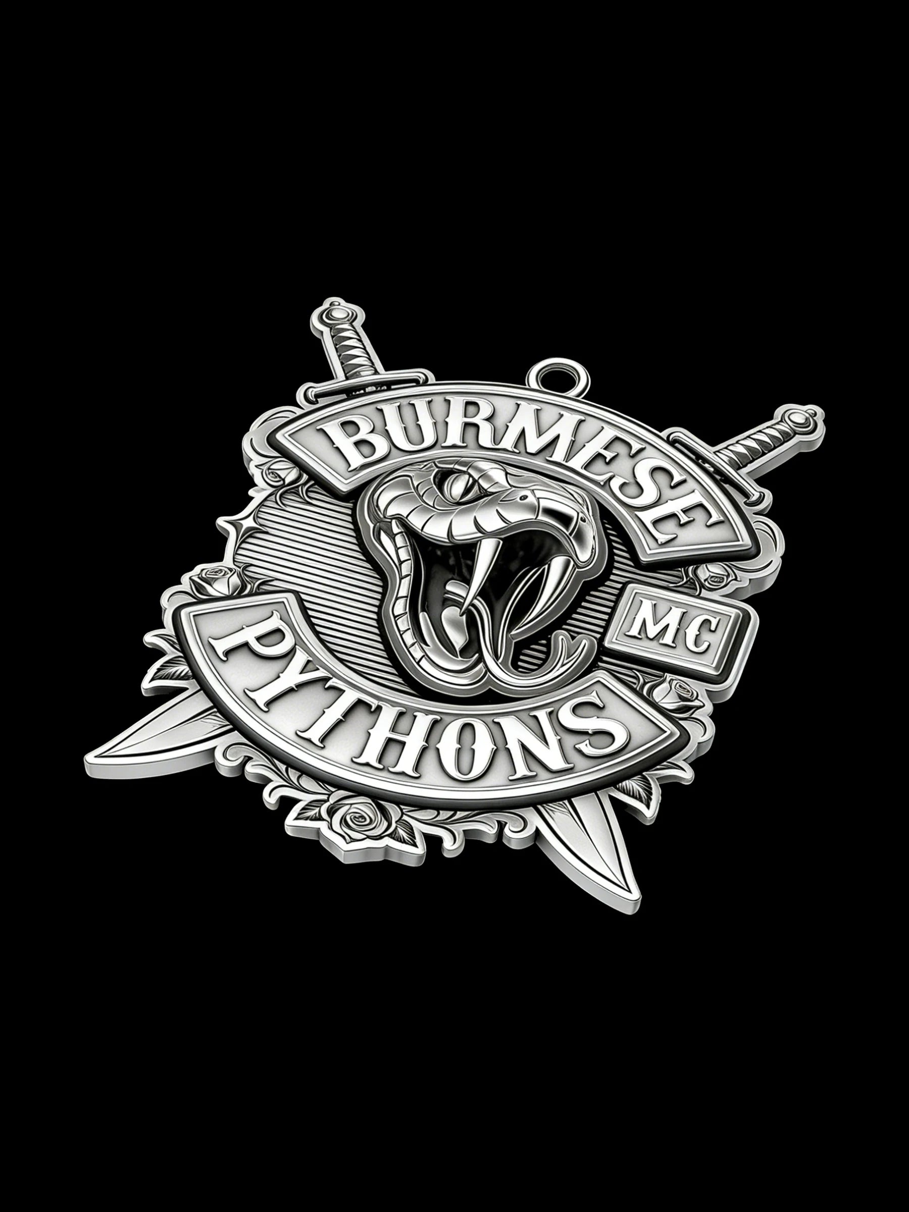 Custom open-mouth python motorcycle club pendant craftsmanship reference, side profile