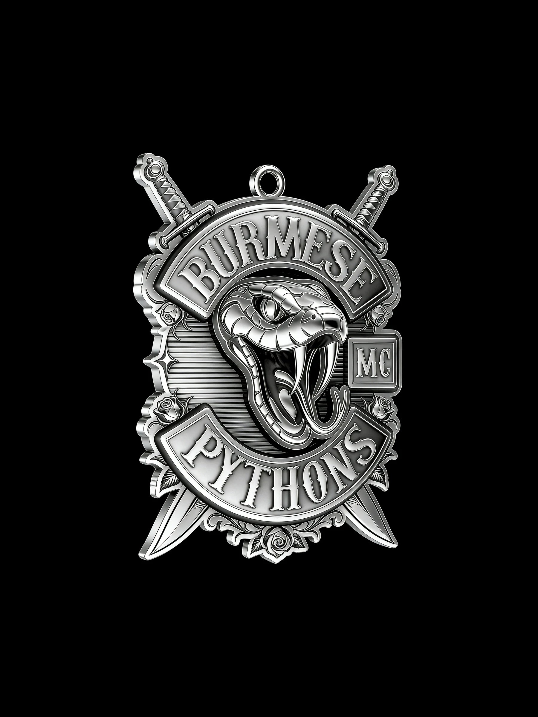 Custom open-mouth python motorcycle club pendant craftsmanship reference, three quarter view