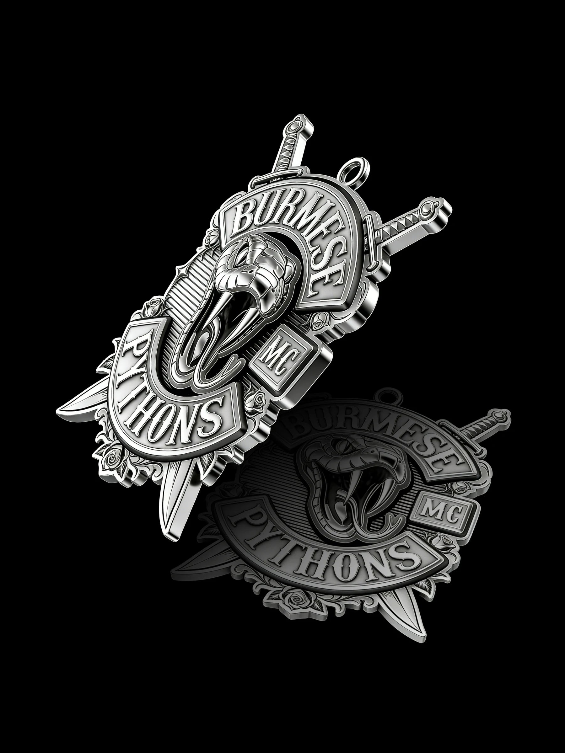 Custom open-mouth python motorcycle club pendant craftsmanship reference, with chain