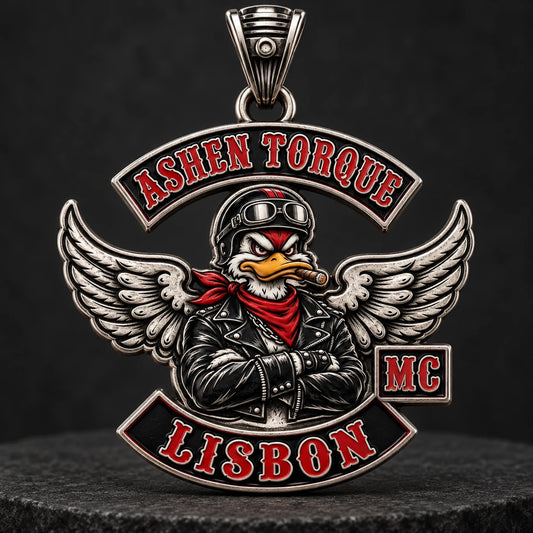 Custom-outline Ashen Torque motorcycle club zinc alloy pendant with connected wing and rocker silhouette.
