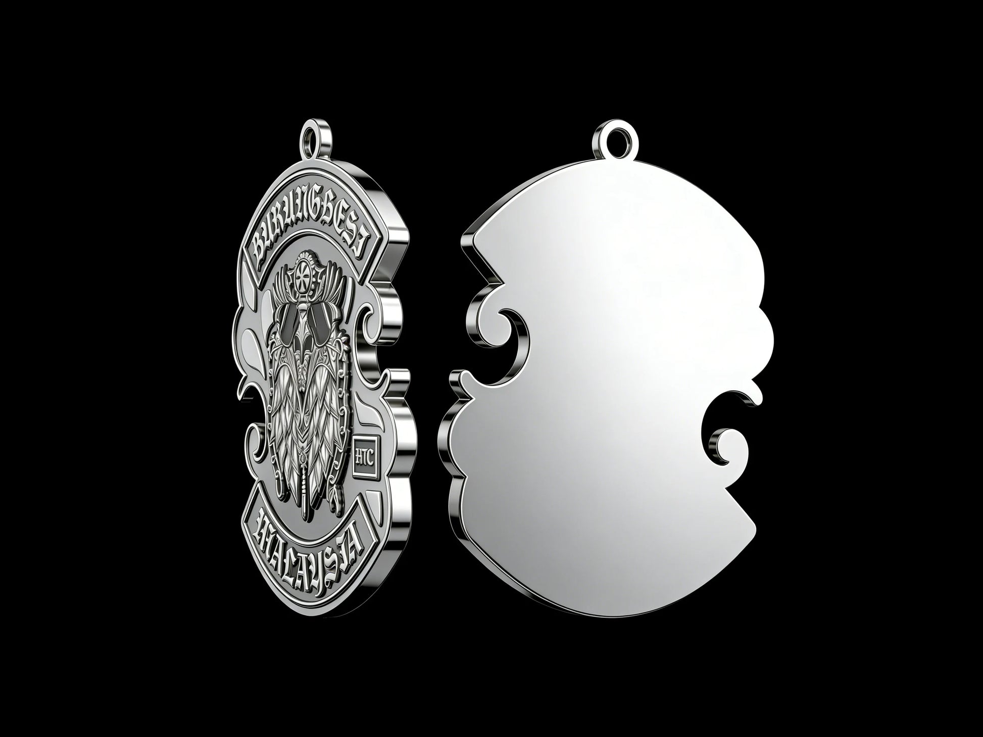 Custom owl warrior motorcycle club pendant craftsmanship reference, back and front