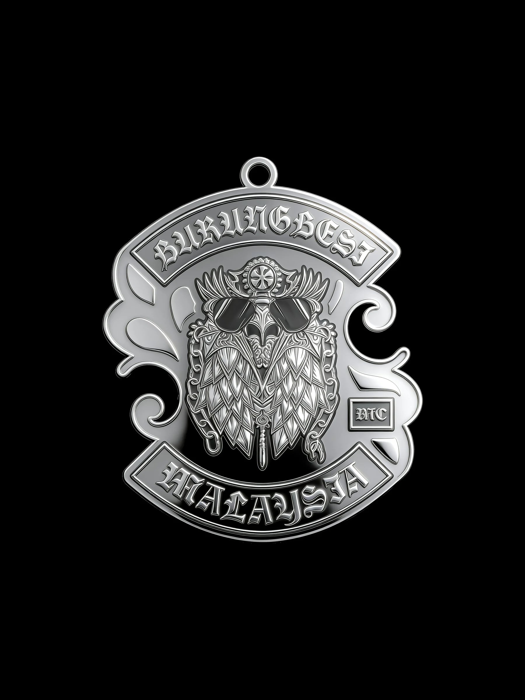 Custom owl warrior motorcycle club pendant craftsmanship reference, front view