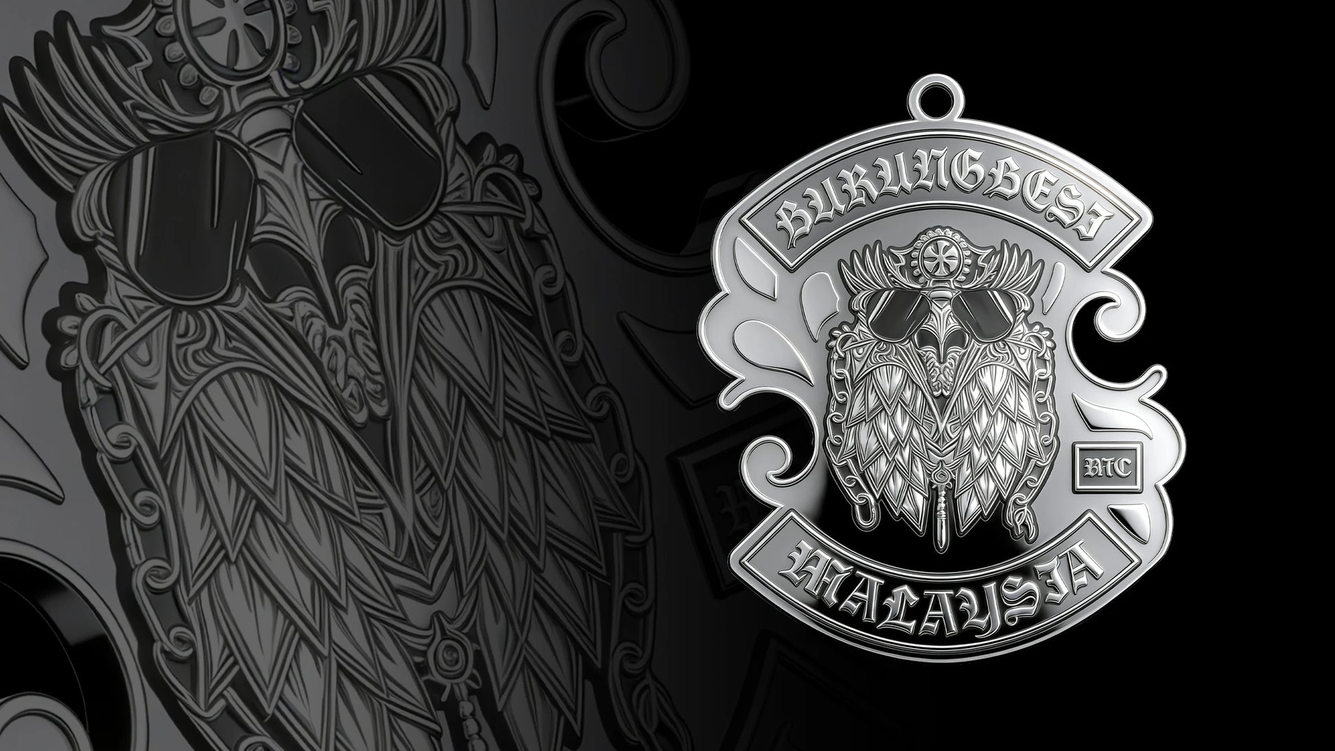 Custom owl warrior motorcycle club pendant craftsmanship reference, gallery layout