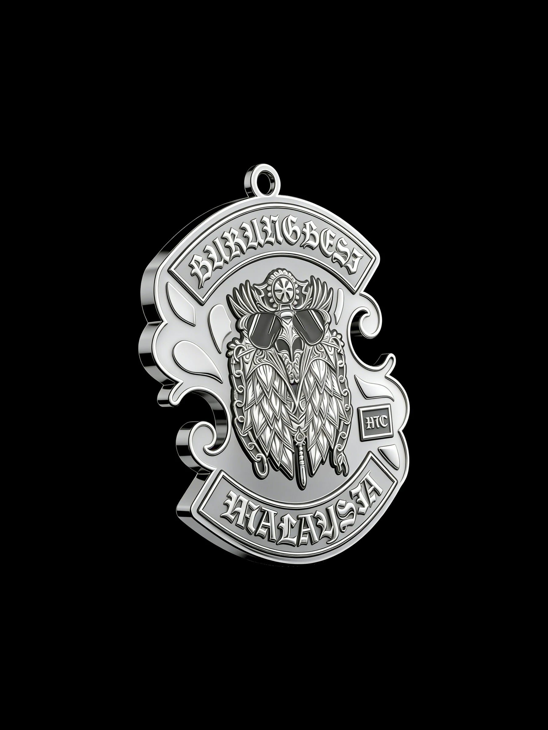 Custom owl warrior motorcycle club pendant craftsmanship reference, left angle