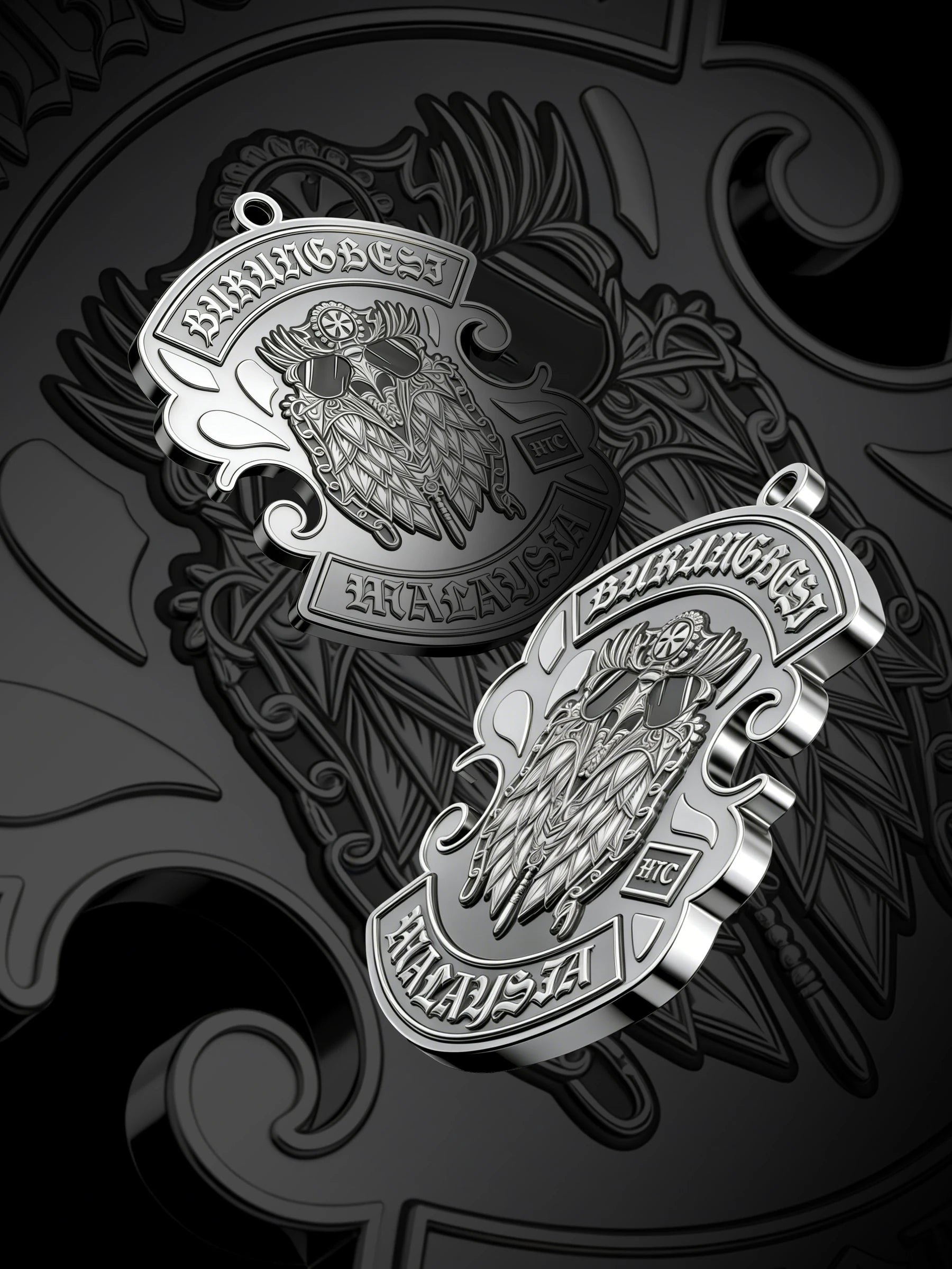 Custom owl warrior motorcycle club pendant craftsmanship reference, paired display