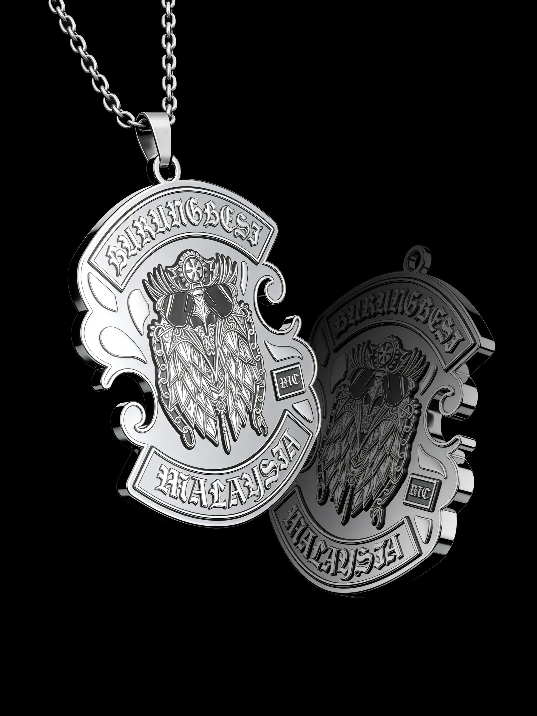 Custom owl warrior motorcycle club pendant craftsmanship reference, raised relief detail