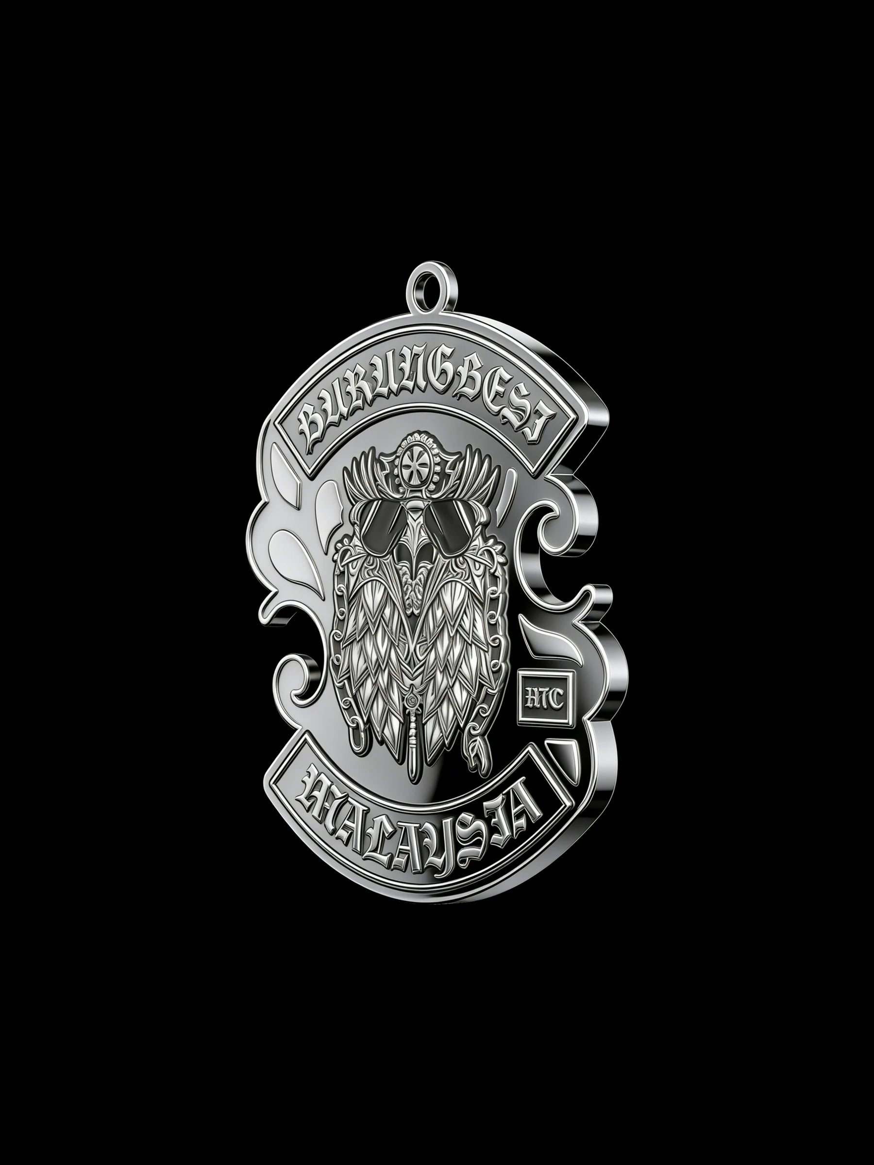 Custom owl warrior motorcycle club pendant craftsmanship reference, right angle