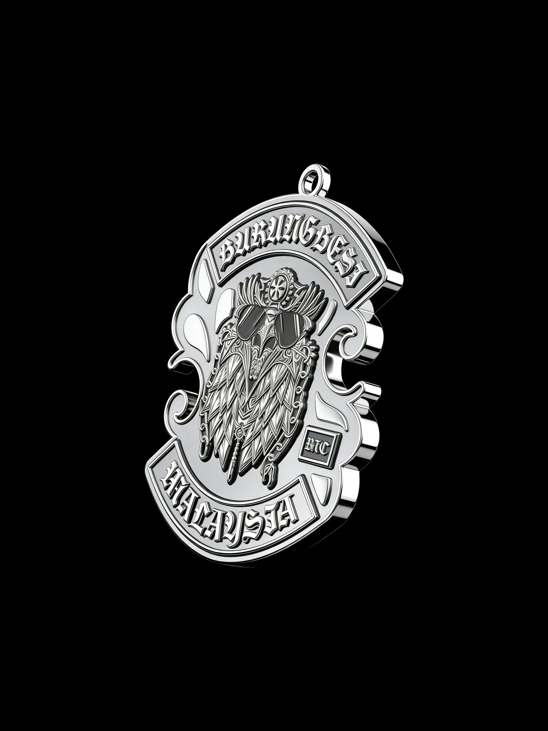 Custom owl warrior motorcycle club pendant craftsmanship reference, side profile
