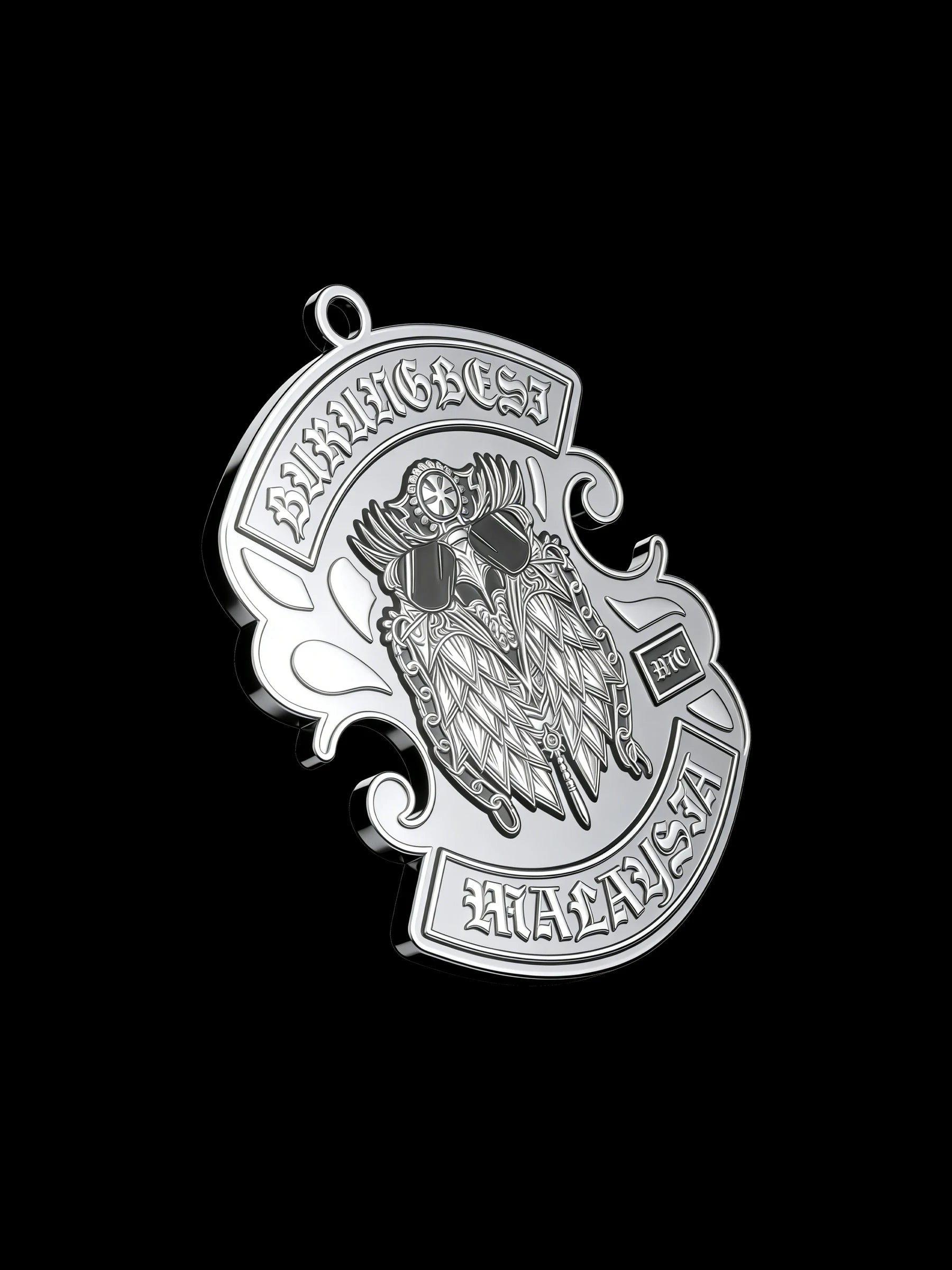Custom owl warrior motorcycle club pendant craftsmanship reference, three quarter view