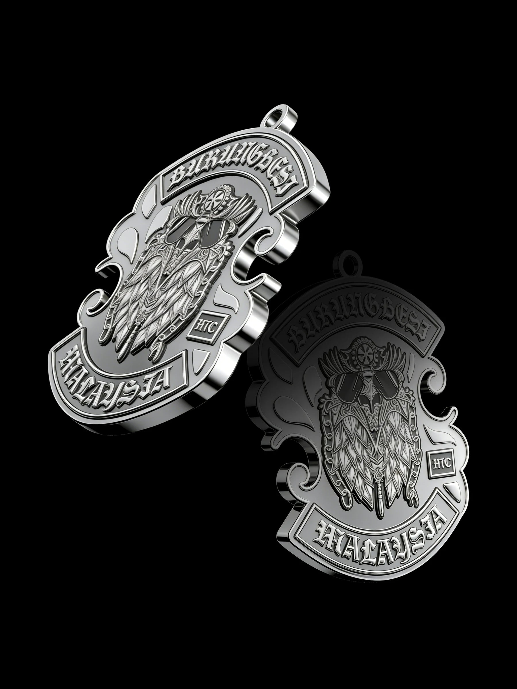 Custom owl warrior motorcycle club pendant craftsmanship reference, with chain