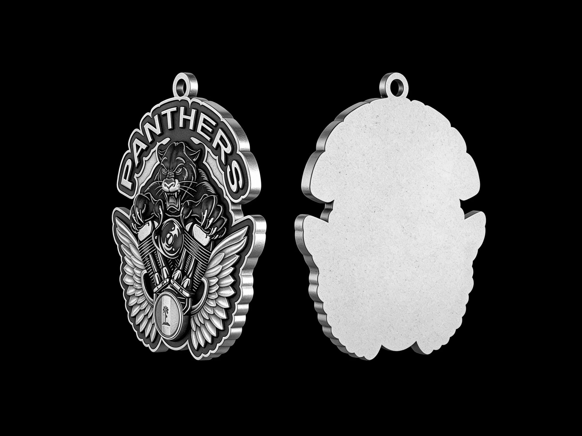 Custom panther and engine motorcycle club pendant craftsmanship reference, back and front