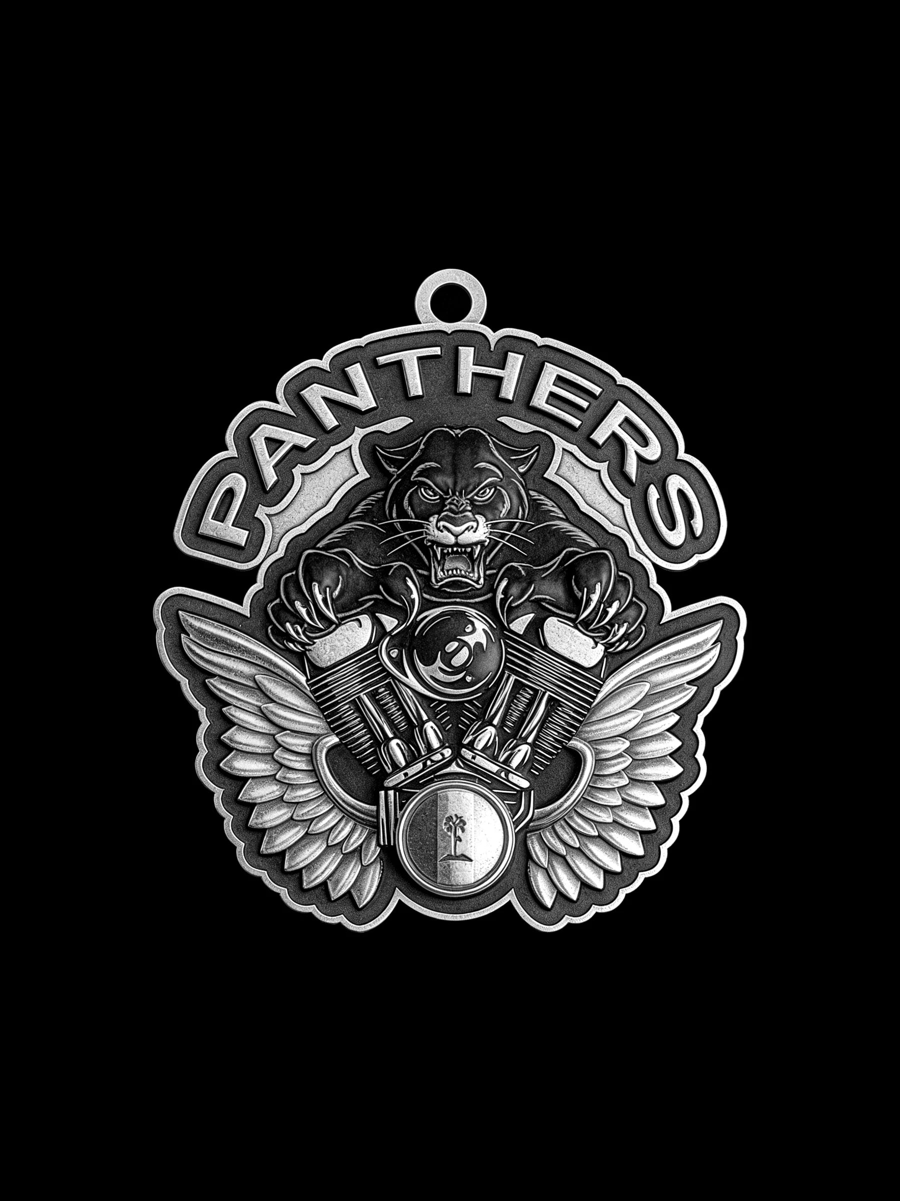Custom panther and engine motorcycle club pendant craftsmanship reference, front view
