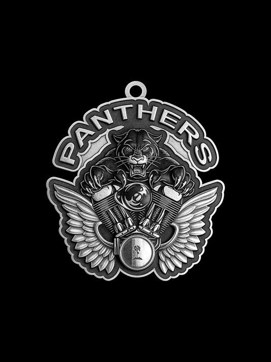 Custom panther and engine motorcycle club pendant craftsmanship reference, front view