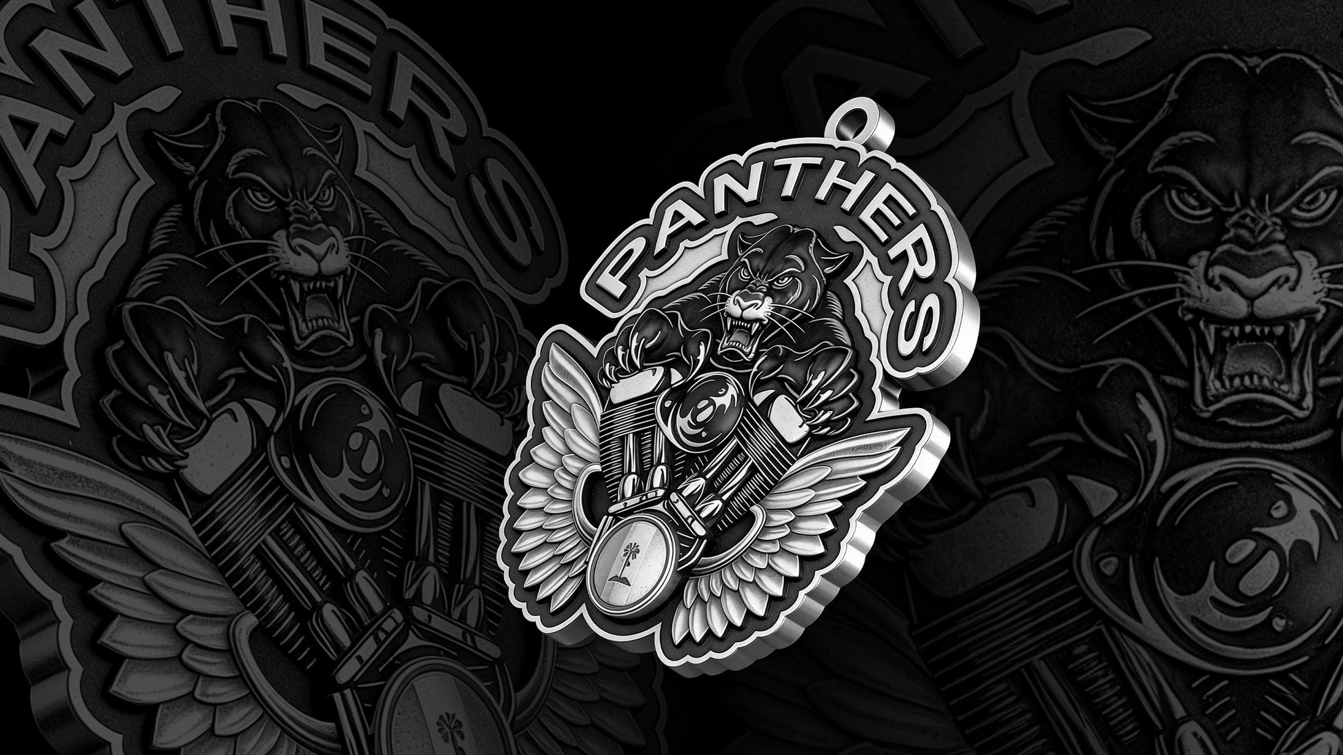 Custom panther and engine motorcycle club pendant craftsmanship reference, gallery layout