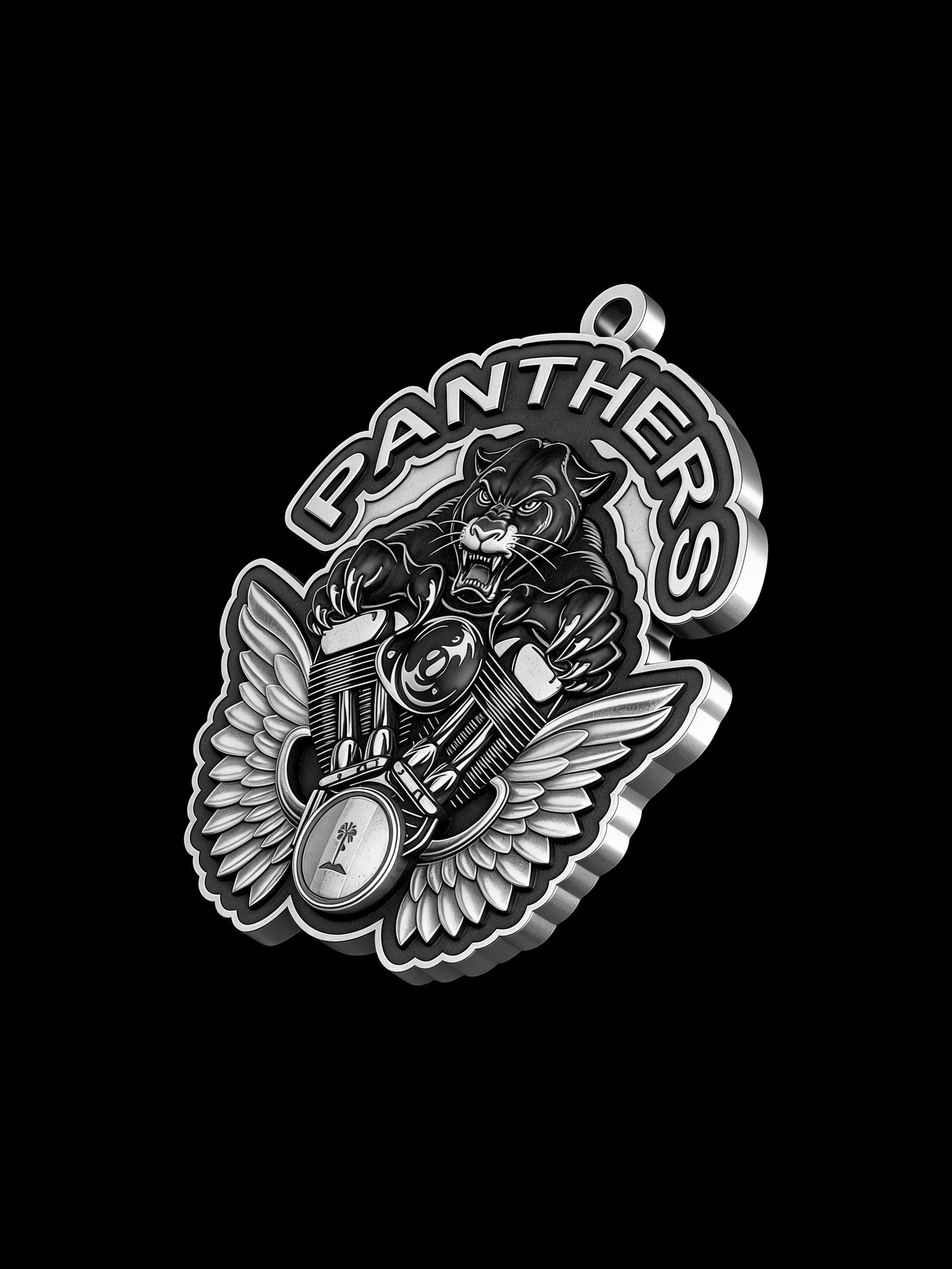 Custom panther and engine motorcycle club pendant craftsmanship reference, left angle