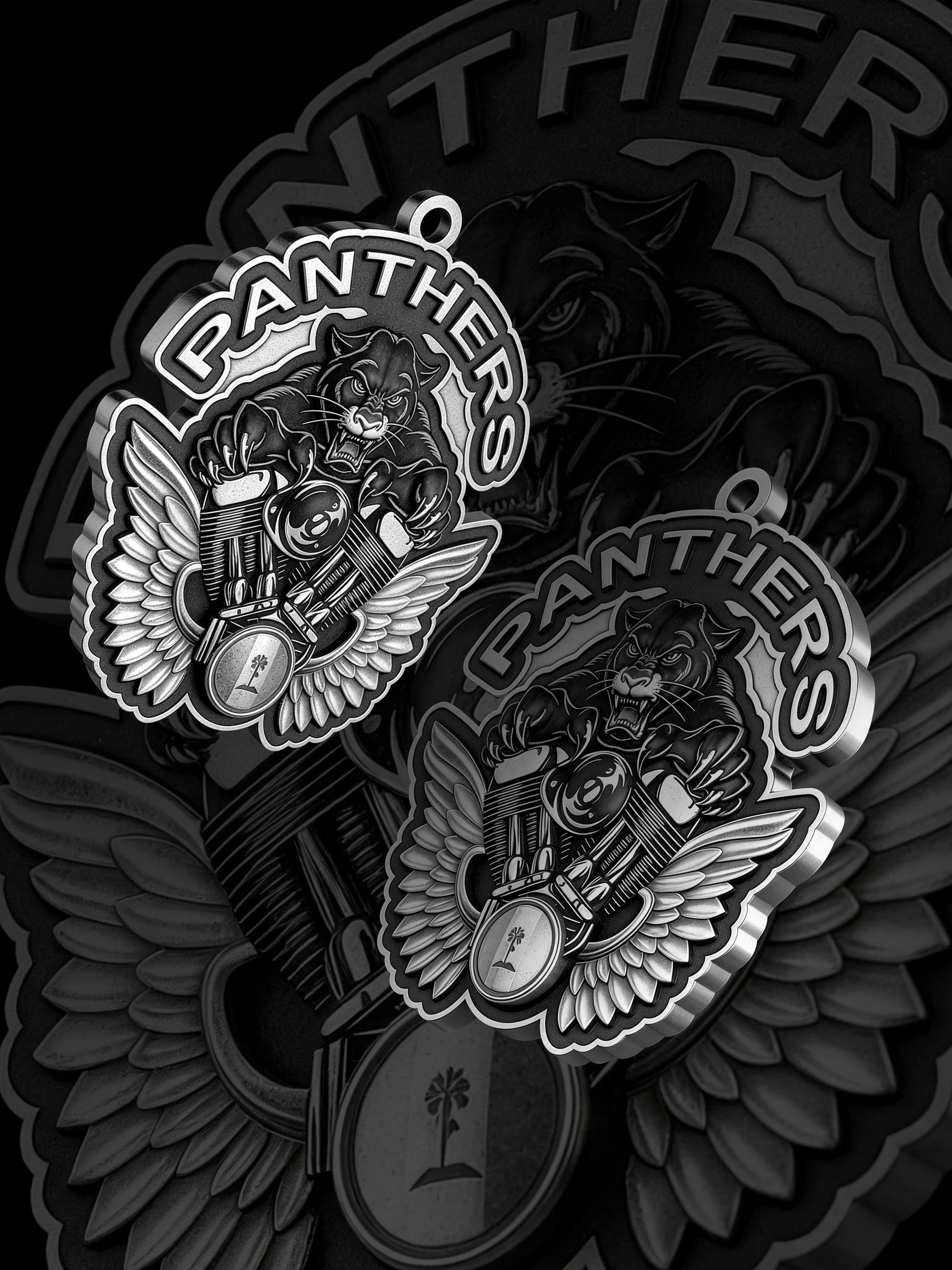 Custom panther and engine motorcycle club pendant craftsmanship reference, paired display