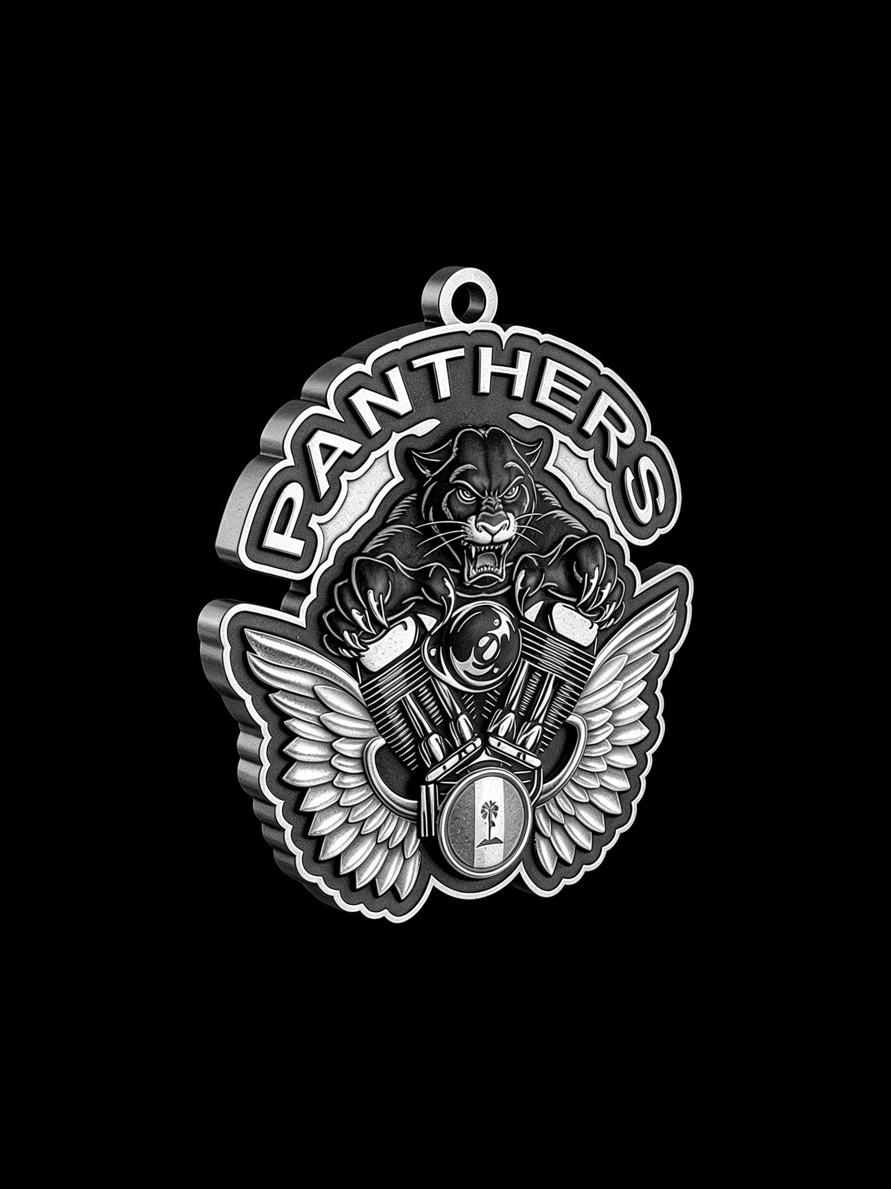 Custom panther and engine motorcycle club pendant craftsmanship reference, right angle