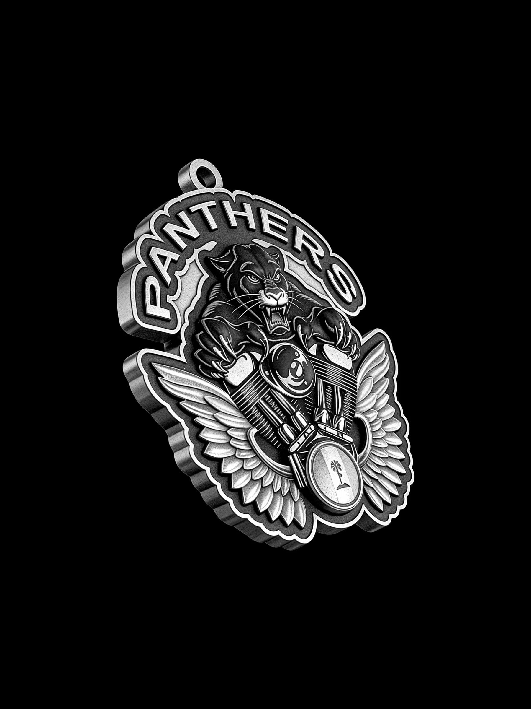 Custom panther and engine motorcycle club pendant craftsmanship reference, side profile